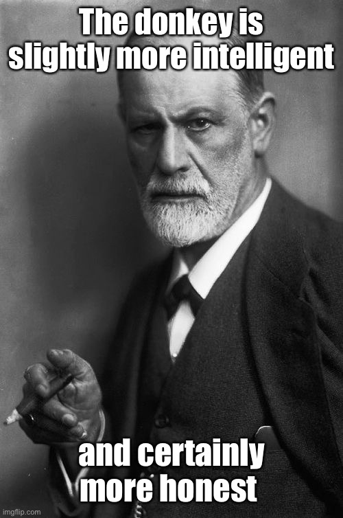 Sigmund Freud Meme | The donkey is slightly more intelligent and certainly more honest | image tagged in memes,sigmund freud | made w/ Imgflip meme maker