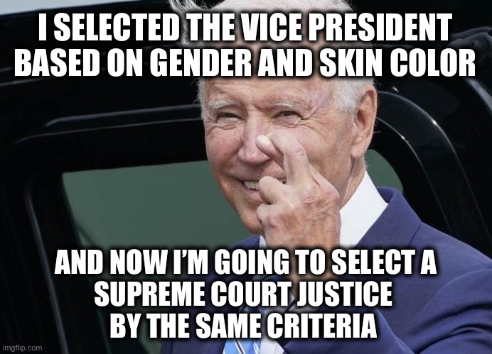 Some people don’t learn from their mistakes | I SELECTED THE VICE PRESIDENT BASED ON GENDER AND SKIN COLOR; AND NOW I’M GOING TO SELECT A
SUPREME COURT JUSTICE 
BY THE SAME CRITERIA | image tagged in joe fingers | made w/ Imgflip meme maker