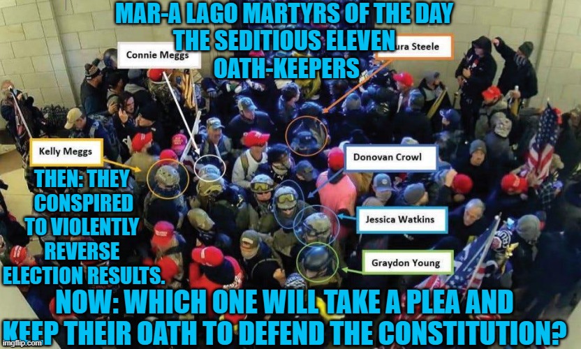 Which "Weakest Link," will rat out the other ten to avoid decades in prison? | MAR-A LAGO MARTYRS OF THE DAY
THE SEDITIOUS ELEVEN
 OATH-KEEPERS; THEN: THEY 
CONSPIRED TO VIOLENTLY 
REVERSE 
ELECTION RESULTS. NOW: WHICH ONE WILL TAKE A PLEA AND KEEP THEIR OATH TO DEFEND THE CONSTITUTION? | image tagged in politics | made w/ Imgflip meme maker