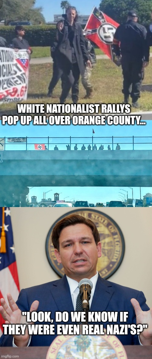 Because you know, those BLM and Aunt Tifa types like to LARP NAZI!.. | WHITE NATIONALIST RALLYS POP UP ALL OVER ORANGE COUNTY... "LOOK, DO WE KNOW IF THEY WERE EVEN REAL NAZI'S?" | image tagged in desantis | made w/ Imgflip meme maker