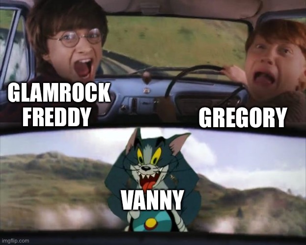 Run | GREGORY; GLAMROCK FREDDY; VANNY | image tagged in tom chasing harry and ron weasly,fnaf security breach | made w/ Imgflip meme maker