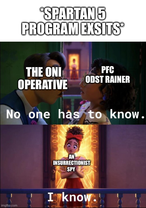 And Rainer learned the spartan 5 generations (the new  generation of spartan 5 details in comments) | *SPARTAN 5 PROGRAM EXSITS*; THE ONI OPERATIVE; PFC ODST RAINER; AN INSURRECTIONIST SPY | image tagged in no one is looking | made w/ Imgflip meme maker