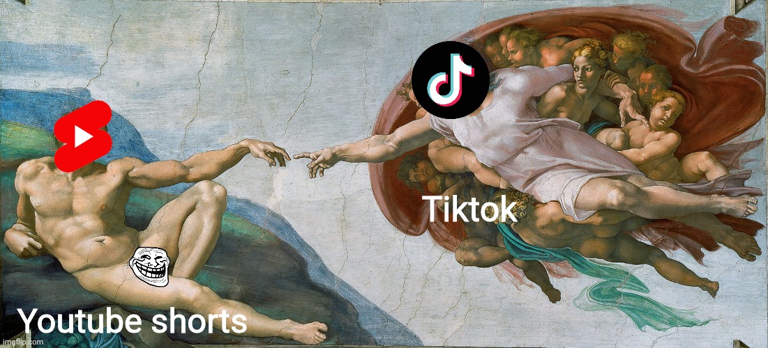 Youtube shorts is becoming the second Tiktok | Tiktok; Youtube shorts | image tagged in creation of adam,memes,funny,youtube,tiktok,oh wow are you actually reading these tags | made w/ Imgflip meme maker