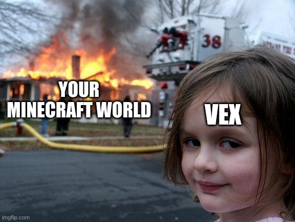 Disaster Girl | YOUR MINECRAFT WORLD; VEX | image tagged in memes,disaster girl | made w/ Imgflip meme maker