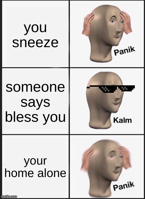 Panik Kalm Panik Meme | you sneeze; someone says bless you; your home alone | image tagged in memes,panik kalm panik | made w/ Imgflip meme maker