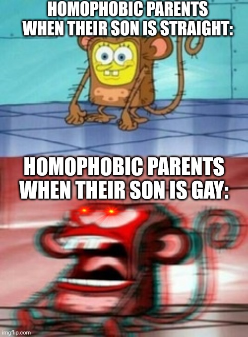 Monkey Spongebob | HOMOPHOBIC PARENTS WHEN THEIR SON IS STRAIGHT:; HOMOPHOBIC PARENTS WHEN THEIR SON IS GAY: | image tagged in monkey spongebob,homophobia,homophobe,homophobic,oh wow are you actually reading these tags,stop reading the tags | made w/ Imgflip meme maker