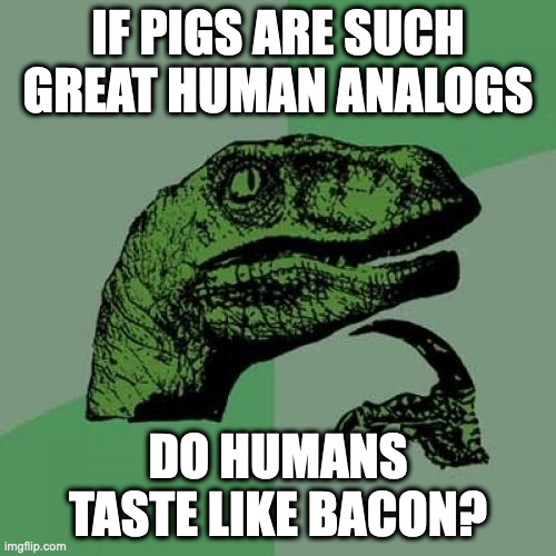 Philosoraptor Meme | IF PIGS ARE SUCH GREAT HUMAN ANALOGS; DO HUMANS TASTE LIKE BACON? | image tagged in memes,philosoraptor,AdviceAnimals | made w/ Imgflip meme maker