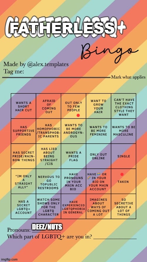 Closeted LGBTQ+ Bingo | FATHERLESS; DEEZ/NUTS | image tagged in closeted lgbtq bingo | made w/ Imgflip meme maker
