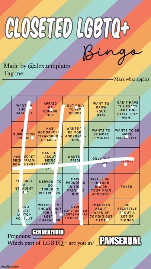 Closeted LGBTQ+ Bingo | GENDERFLUID; PANSEXUAL | image tagged in closeted lgbtq bingo | made w/ Imgflip meme maker