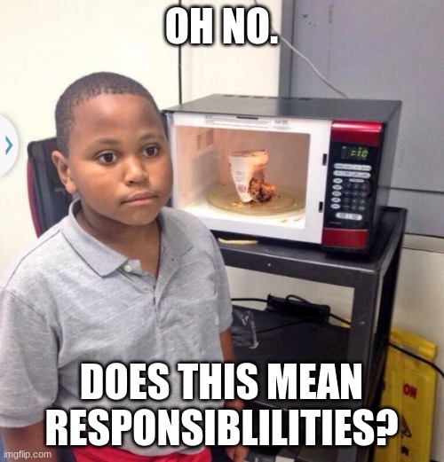 Minor Mistake Marvin | OH NO. DOES THIS MEAN RESPONSIBLILITIES? | image tagged in minor mistake marvin | made w/ Imgflip meme maker