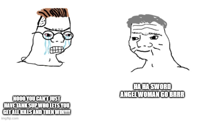 haha brrrrrrr | HA HA SWORD ANGEL WOMAN GO BRRR; NOOO YOU CAN'T JUST HAVE TANK SUP WHO LETS YOU GET ALL KILLS AND THEN WIN!!!! | image tagged in haha brrrrrrr,Kaylemains | made w/ Imgflip meme maker