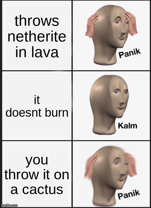 Panik Kalm Panik | throws netherite in lava; it doesnt burn; you throw it on a cactus | image tagged in memes,panik kalm panik | made w/ Imgflip meme maker