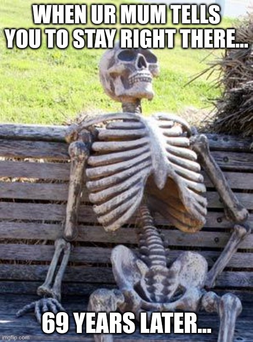 Waiting Skeleton Meme |  WHEN UR MUM TELLS YOU TO STAY RIGHT THERE... 69 YEARS LATER... | image tagged in memes,waiting skeleton | made w/ Imgflip meme maker