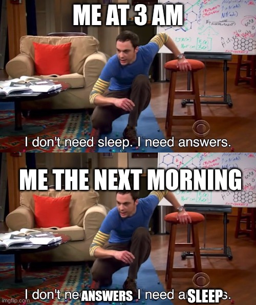 ME AT 3 AM; ME THE NEXT MORNING; SLEEP; ANSWERS | image tagged in i don't need sleep i need answers | made w/ Imgflip meme maker