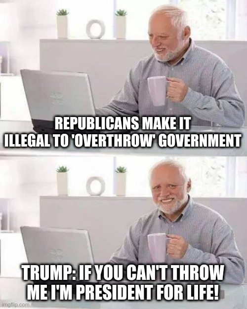 Mitch: Just like the founders intended! | REPUBLICANS MAKE IT ILLEGAL TO 'OVERTHROW' GOVERNMENT; TRUMP: IF YOU CAN'T THROW ME I'M PRESIDENT FOR LIFE! | image tagged in memes,hide the pain harold,rumpt | made w/ Imgflip meme maker