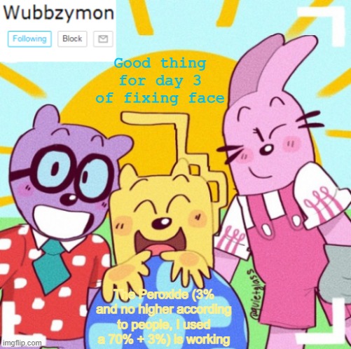 The pimples are going, I should be good by time June comes | Good thing for day 3 of fixing face; The Peroxide (3% and no higher according to people, I used a 70% + 3%) is working | image tagged in wubbzymon's wubbtastic template | made w/ Imgflip meme maker