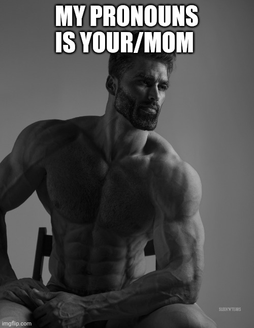 Giga Chad | MY PRONOUNS IS YOUR/MOM | image tagged in giga chad | made w/ Imgflip meme maker