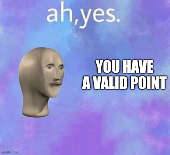 ah yes meme man | YOU HAVE A VALID POINT | image tagged in ah yes meme man | made w/ Imgflip meme maker