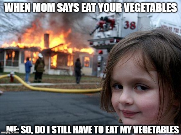 funny meme | WHEN MOM SAYS EAT YOUR VEGETABLES; ME: SO, DO I STILL HAVE TO EAT MY VEGETABLES | image tagged in memes,disaster girl | made w/ Imgflip meme maker