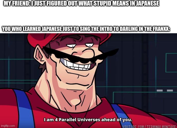 Put dispenser here | MY FRIEND: I JUST FIGURED OUT WHAT STUPID MEANS IN JAPANESE; YOU WHO LEARNED JAPANESE JUST TO SING THE INTRO TO DARLING IN THE FRANXX: | image tagged in i am 4 parrallel universes ahead of you,e,memes,funny | made w/ Imgflip meme maker