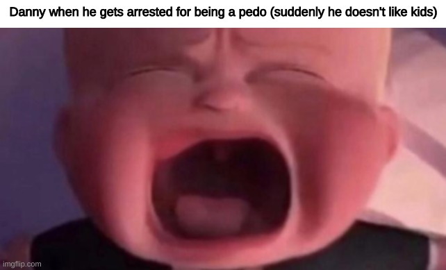 my first msmg style meme ig | Danny when he gets arrested for being a pedo (suddenly he doesn't like kids) | image tagged in boss baby crying | made w/ Imgflip meme maker