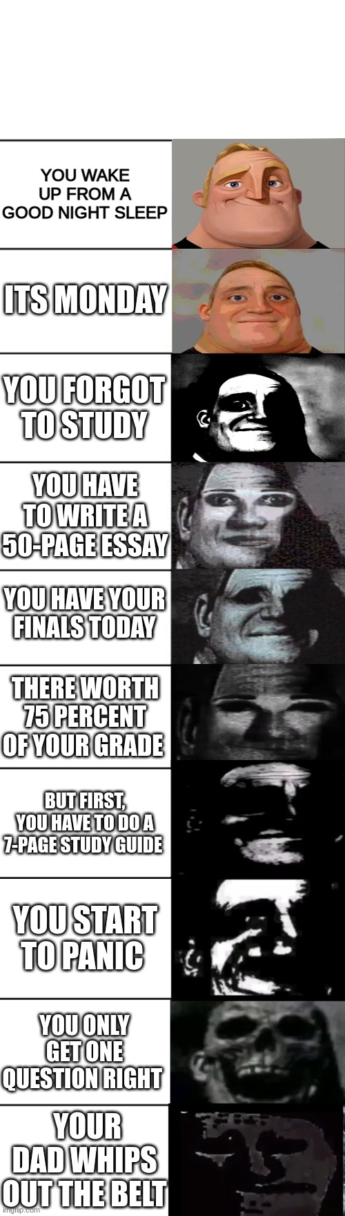 oh no..... | YOU WAKE UP FROM A GOOD NIGHT SLEEP; ITS MONDAY; YOU FORGOT TO STUDY; YOU HAVE TO WRITE A 50-PAGE ESSAY; YOU HAVE YOUR FINALS TODAY; THERE WORTH 75 PERCENT OF YOUR GRADE; BUT FIRST, YOU HAVE TO DO A 7-PAGE STUDY GUIDE; YOU START TO PANIC; YOU ONLY GET ONE QUESTION RIGHT; YOUR DAD WHIPS OUT THE BELT | image tagged in mr incredible becoming uncanny | made w/ Imgflip meme maker