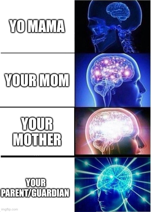 Your parent/guardian | YO MAMA; YOUR MOM; YOUR MOTHER; YOUR PARENT/GUARDIAN | image tagged in memes,expanding brain | made w/ Imgflip meme maker
