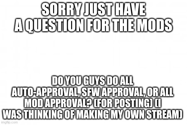 Just a question | SORRY JUST HAVE A QUESTION FOR THE MODS; DO YOU GUYS DO ALL AUTO-APPROVAL, SFW APPROVAL, OR ALL MOD APPROVAL? (FOR POSTING) (I WAS THINKING OF MAKING MY OWN STREAM) | made w/ Imgflip meme maker