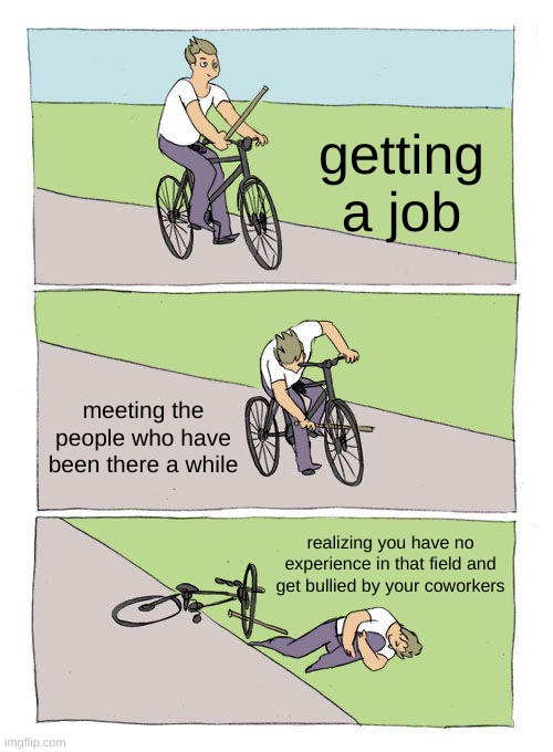 it be like that | getting a job; meeting the people who have been there a while; realizing you have no experience in that field and get bullied by your coworkers | image tagged in memes,bike fall | made w/ Imgflip meme maker