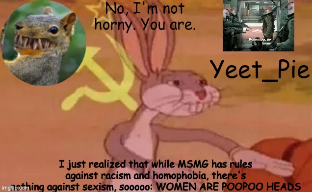 /j | I just realized that while MSMG has rules against racism and homophobia, there's nothing against sexism, sooooo: WOMEN ARE POOPOO HEADS | image tagged in yeet_pie | made w/ Imgflip meme maker