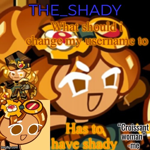 Croissant woman temp | What should i change my username to; Has to have shady | image tagged in croissant woman temp | made w/ Imgflip meme maker