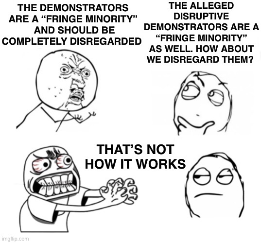 You can’t do that | THE ALLEGED DISRUPTIVE DEMONSTRATORS ARE A “FRINGE MINORITY” AS WELL. HOW ABOUT WE DISREGARD THEM? THE DEMONSTRATORS ARE A “FRINGE MINORITY”
 AND SHOULD BE COMPLETELY DISREGARDED; THAT’S NOT HOW IT WORKS | image tagged in you can t do that | made w/ Imgflip meme maker