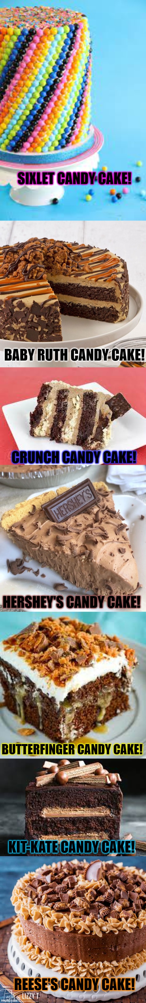 Candy Cakes! |  SIXLET CANDY CAKE! BABY RUTH CANDY CAKE! CRUNCH CANDY CAKE! HERSHEY'S CANDY CAKE! BUTTERFINGER CANDY CAKE! KIT-KATE CANDY CAKE! REESE'S CANDY CAKE! | image tagged in cake,candy | made w/ Imgflip meme maker