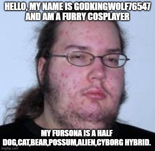 Furry cosplayers be like: | HELLO, MY NAME IS GODKINGWOLF76547 AND AM A FURRY COSPLAYER; MY FURSONA IS A HALF DOG,CAT,BEAR,POSSUM,ALIEN,CYBORG HYBRID. | image tagged in neckbeard,anti furry,biggest loser | made w/ Imgflip meme maker