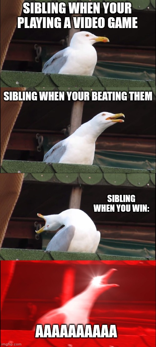 Inhaling Seagull | SIBLING WHEN YOUR PLAYING A VIDEO GAME; SIBLING WHEN YOUR BEATING THEM; SIBLING WHEN YOU WIN:; AAAAAAAAAA | image tagged in memes,inhaling seagull | made w/ Imgflip meme maker