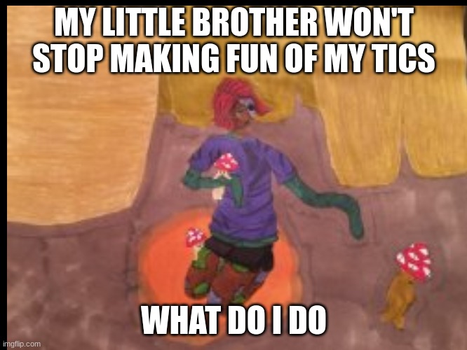 Help | MY LITTLE BROTHER WON'T STOP MAKING FUN OF MY TICS; WHAT DO I DO | image tagged in sahyori and the mushlets,help | made w/ Imgflip meme maker