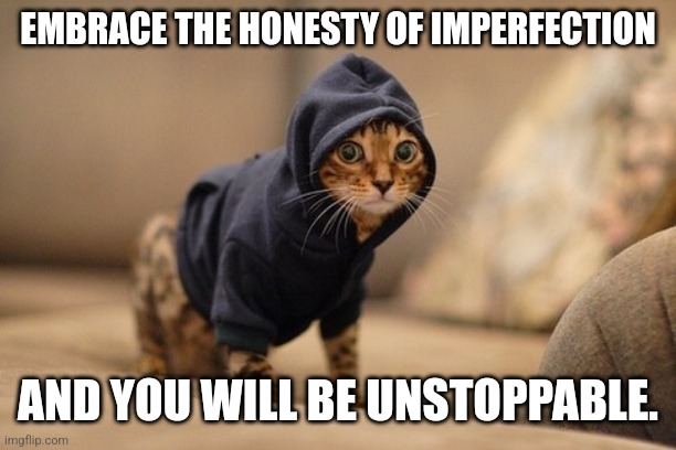 Punk kitten | EMBRACE THE HONESTY OF IMPERFECTION; AND YOU WILL BE UNSTOPPABLE. | image tagged in memes,hoody cat,punk,goth,misunderstood,rebel | made w/ Imgflip meme maker