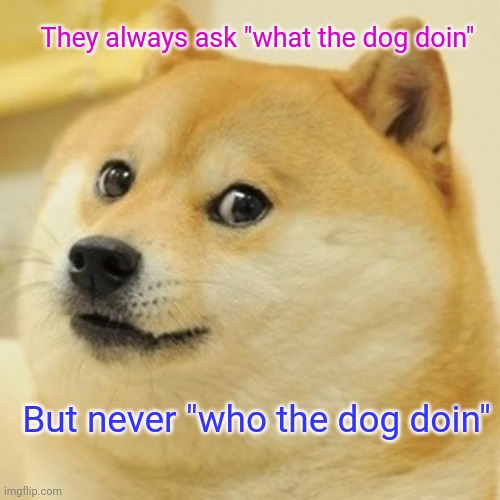 Doge Meme | They always ask "what the dog doin" But never "who the dog doin" | image tagged in memes,doge | made w/ Imgflip meme maker