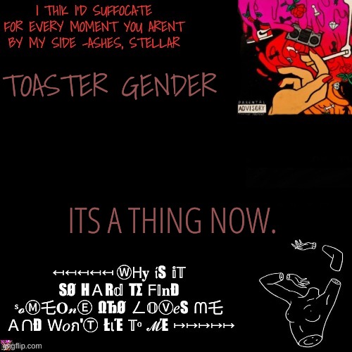 Ashes | TOASTER GENDER; ITS A THING NOW. | image tagged in ashes | made w/ Imgflip meme maker