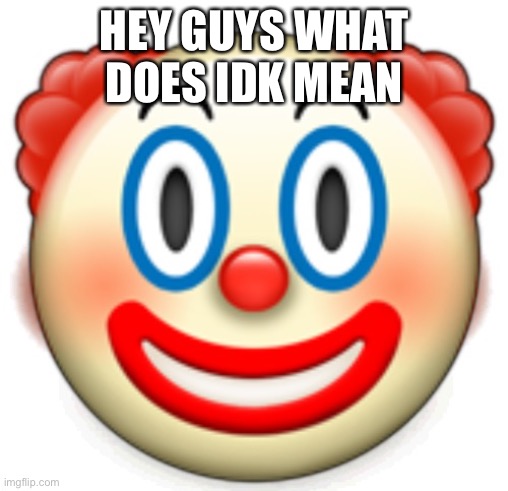 Clown | HEY GUYS WHAT DOES IDK MEAN | image tagged in clown | made w/ Imgflip meme maker