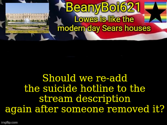 American beany | Should we re-add the suicide hotline to the stream description again after someone removed it? | image tagged in american beany | made w/ Imgflip meme maker