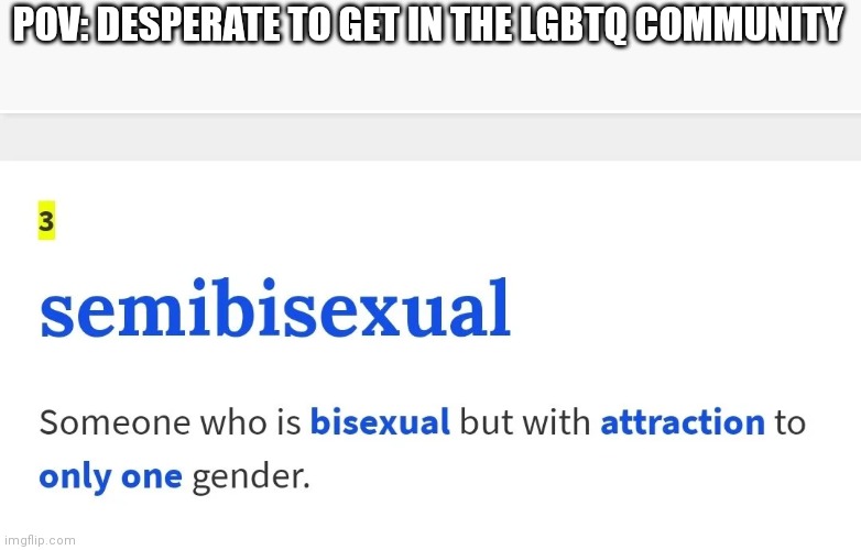 Semibisexual | POV: DESPERATE TO GET IN THE LGBTQ COMMUNITY | image tagged in semibisexual | made w/ Imgflip meme maker