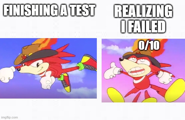 finishing a test be like | REALIZING I FAILED; FINISHING A TEST; 0/10 | image tagged in knuckles,sonic meme,school,test | made w/ Imgflip meme maker