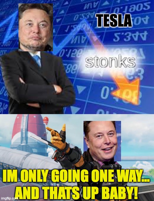 Tesla Stonks be like | TESLA; IM ONLY GOING ONE WAY... AND THATS UP BABY! | image tagged in stonks down | made w/ Imgflip meme maker