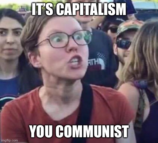 Angry Liberal | IT’S CAPITALISM YOU COMMUNIST | image tagged in angry liberal | made w/ Imgflip meme maker