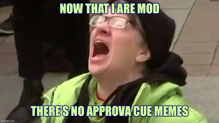 Screaming Liberal  | NOW THAT I ARE MOD; THERE’S NO APPROVA CUE MEMES | image tagged in screaming liberal | made w/ Imgflip meme maker