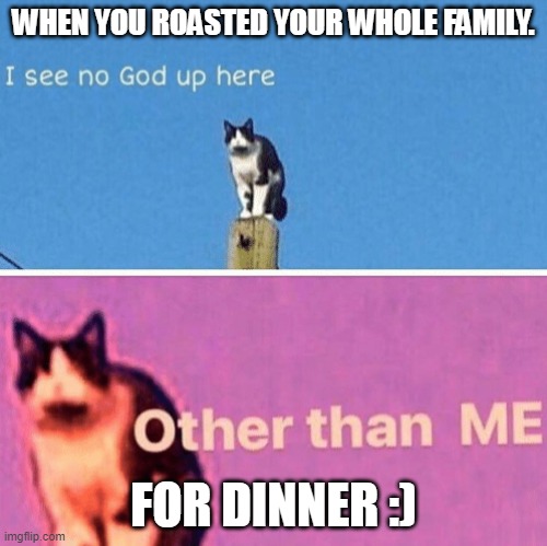 get "ROASTED" |  WHEN YOU ROASTED YOUR WHOLE FAMILY. FOR DINNER :) | image tagged in hail pole cat | made w/ Imgflip meme maker