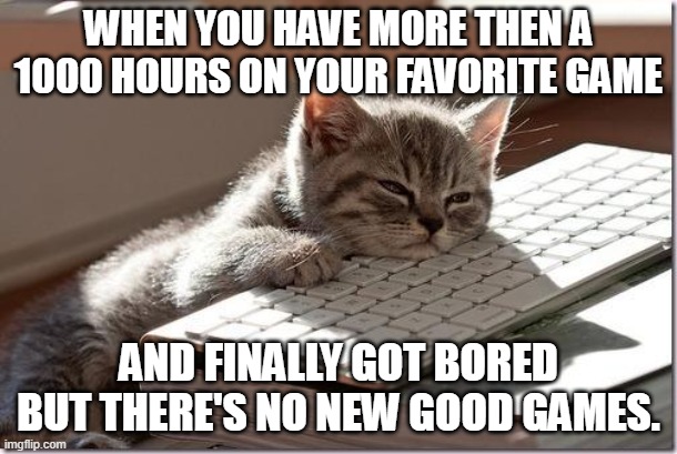 Bored Keyboard Cat | WHEN YOU HAVE MORE THEN A 1000 HOURS ON YOUR FAVORITE GAME; AND FINALLY GOT BORED BUT THERE'S NO NEW GOOD GAMES. | image tagged in bored keyboard cat | made w/ Imgflip meme maker