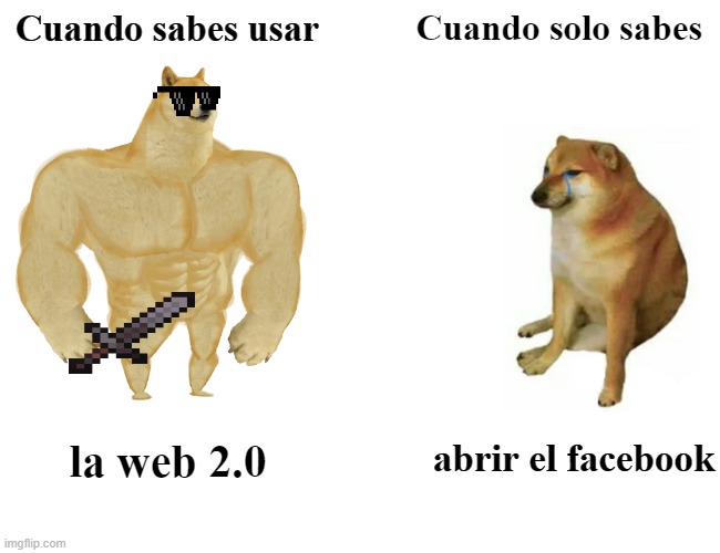 web 2.0 | Cuando sabes usar; Cuando solo sabes; abrir el facebook; la web 2.0 | image tagged in memes,buff doge vs cheems | made w/ Imgflip meme maker