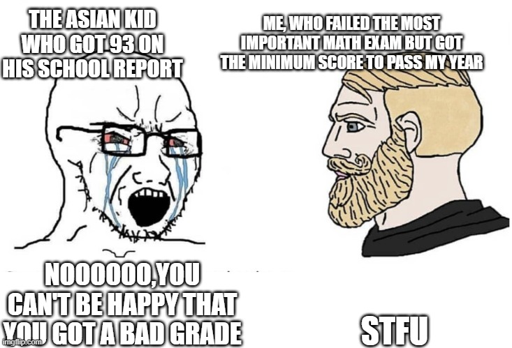 True Facts Of My Strange Life #3 | ME, WHO FAILED THE MOST IMPORTANT MATH EXAM BUT GOT THE MINIMUM SCORE TO PASS MY YEAR; THE ASIAN KID WHO GOT 93 ON HIS SCHOOL REPORT; STFU; NOOOOOO,YOU CAN'T BE HAPPY THAT YOU GOT A BAD GRADE | image tagged in soyboy vs yes chad | made w/ Imgflip meme maker